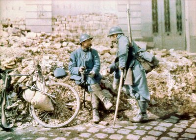 Two French Soldiers in a Town Shelled by German Artillery, Western Front, France, c.1914-18 by Charles Adrien